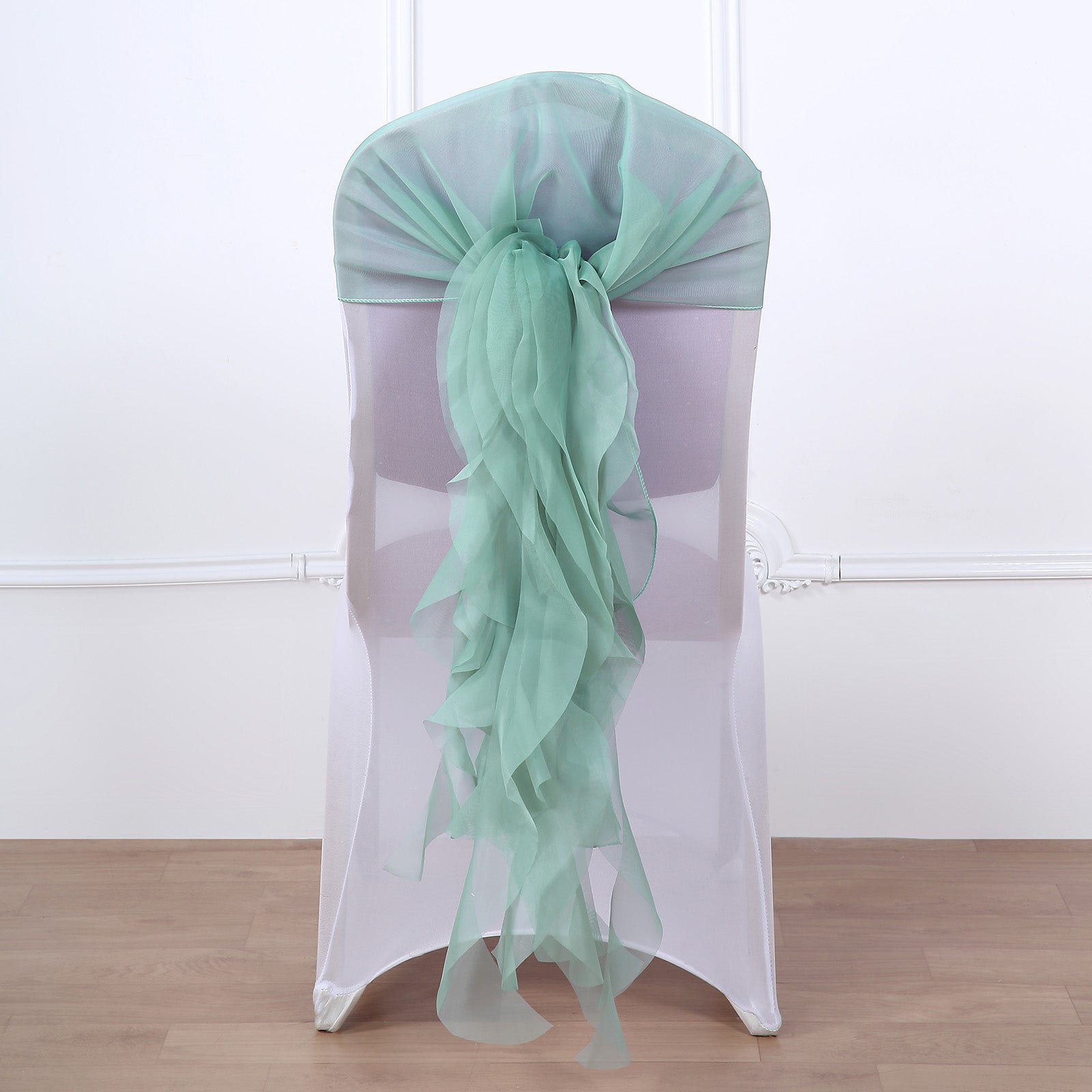 Ice Blue Premium CHAIR COVER with Curly Chiffon Ruffled SASHES Party Decorations 