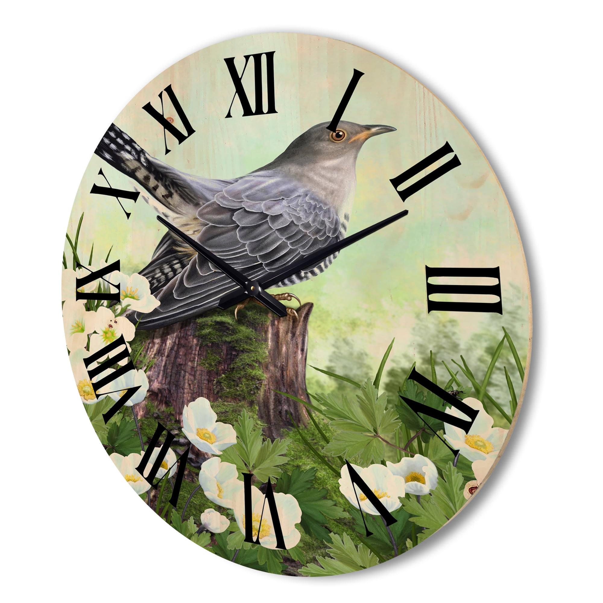 Designart 'Cuckoo Bird On An Old Stump and White Flowers' Traditional Wood Wall Clock