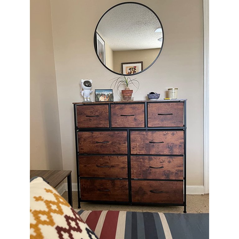 black dresser with brown top BOSHIRO 7-Drawer Dresser for Bedroom, Farmhouse Carved Wide Storage Chest Organizer with Brown Top, Black Finish