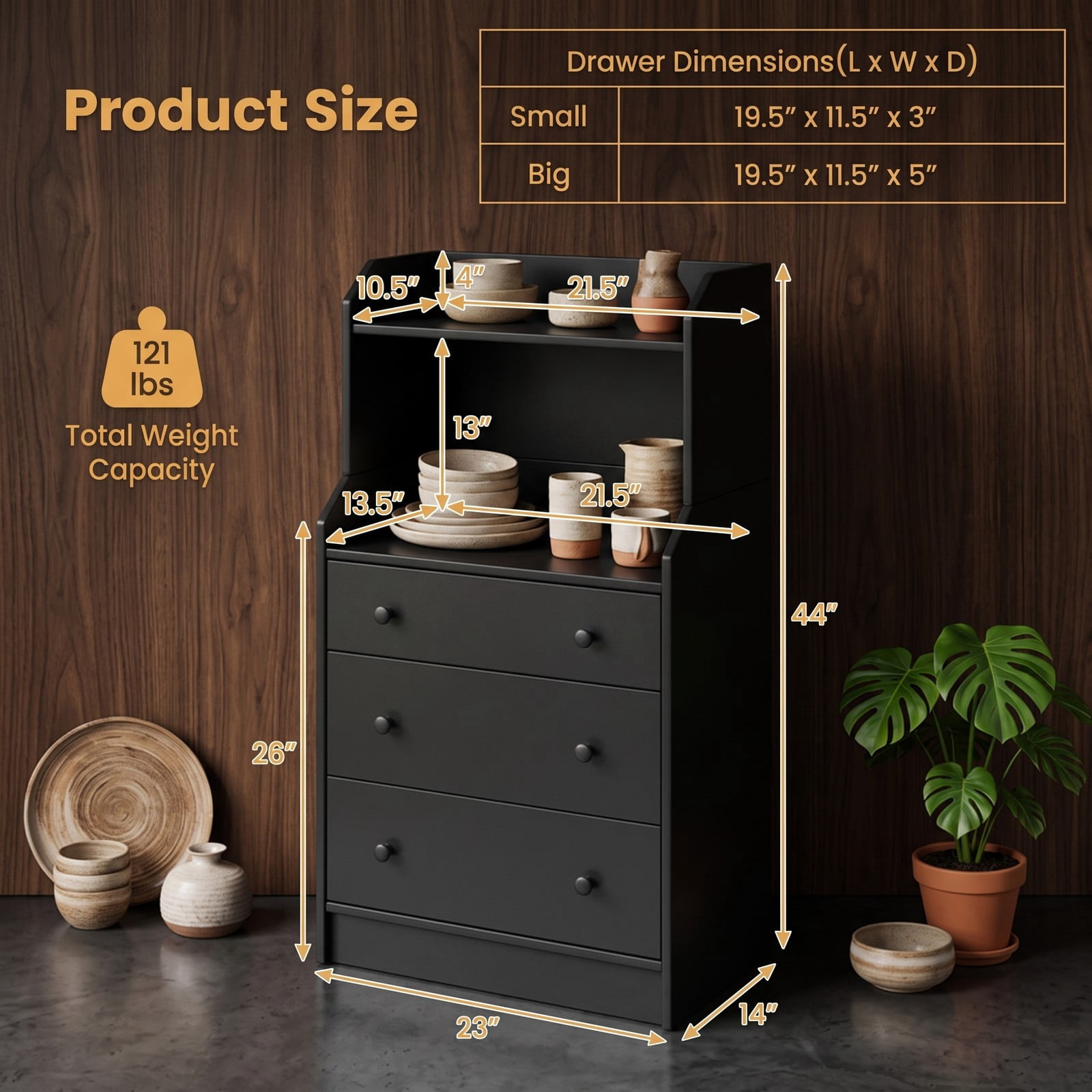 Furnibear 3-Drawer Storage Dresser with Open Display Shelves and Anti-Toppling Device for Bedroom Nursery and Entryway, Black