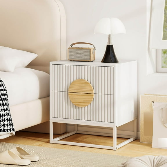 Auranook Fluted Nightstand, End Table with 2 Drawers, Pine Wood Handles & Metal Frame, Modern Mid Century Side Table, Small Bedside Table for Living Room Bedroom