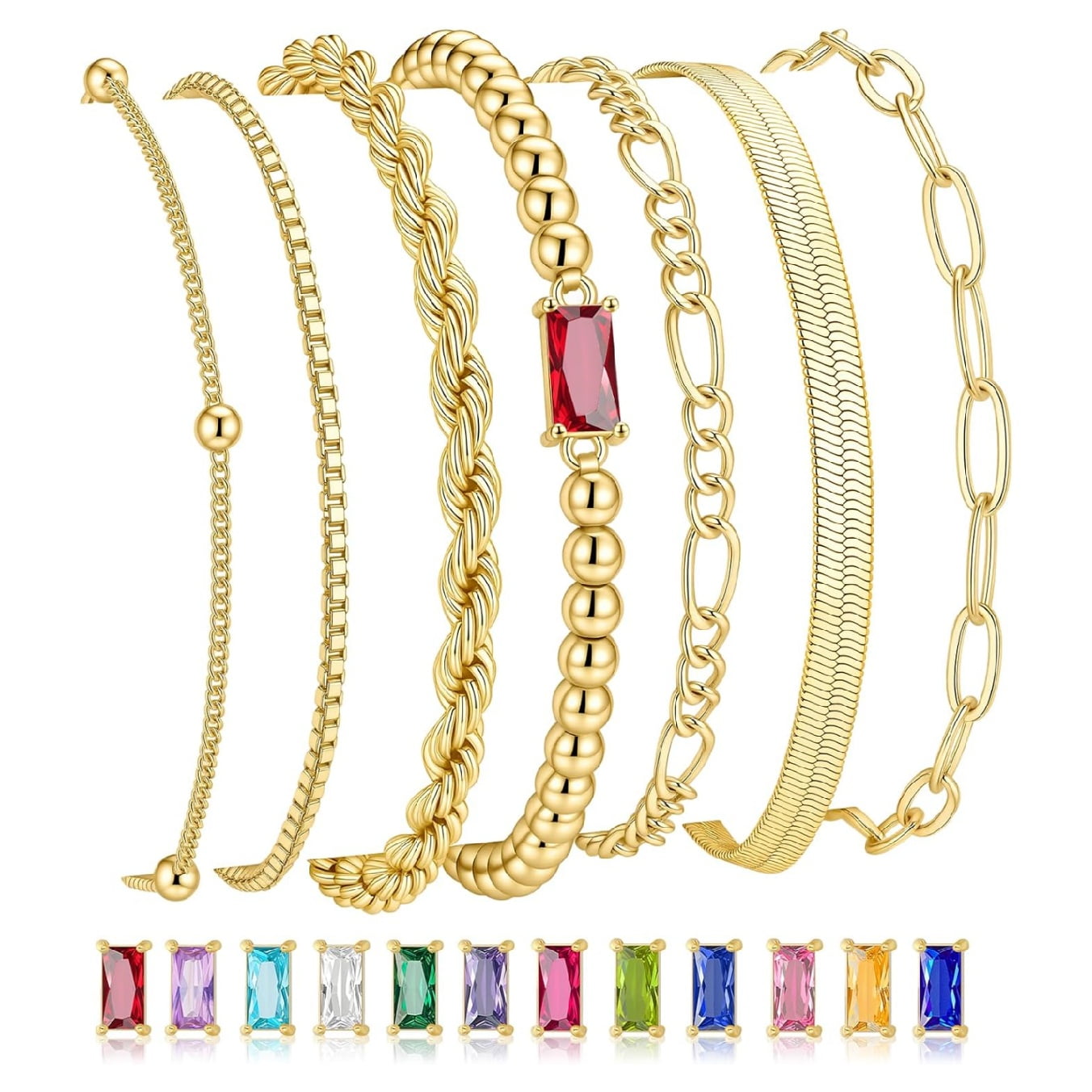 Turandoss Dainty Layered Bracelets for Women Non Tarnish January Red Garnet Birthstone Bracelet 14K Gold Plated Bracelet Stack Set Beaded Bracelet Jewelry Gifts for Women Girls