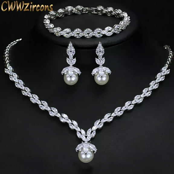 White CZ Bridal Wedding Jewelry Leaf Drop Pearl Necklace Bracelet Earrings Set