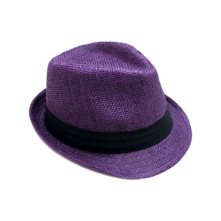 Fashion Design Straw Fedora Hat Trilby Cap w/Short Brim, Purple L/XL