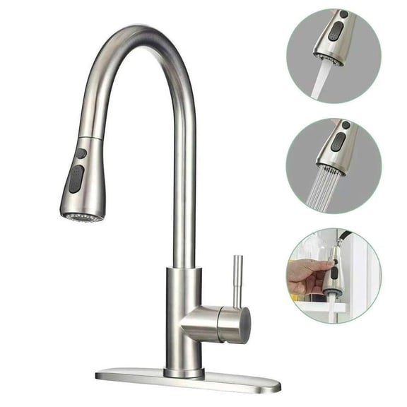 Kitchen Faucets with Pull Down Sprayer, High Arc Single Handle Stainless Steel Commercial 1 or 3 Hole Kitchen Sink Faucet for Farmhouse Camper Laundry RV Bar, Brushed Nickel