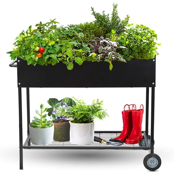 Raised Garden Bed with Wheels - Mobile Galvanized Steel Planter with Lower Shelf