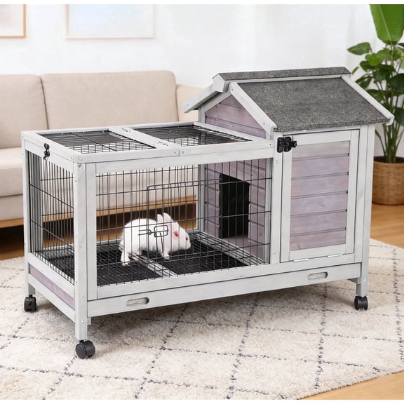Aivituvin 41" Mobile Rabbit Hutch with Removable Wire Floor, Wooden Bunny Cage on 4 Wheels with Deep Leak-Proof Plastic Tray, Indoor Outdoor Guinea Pig House, Gray