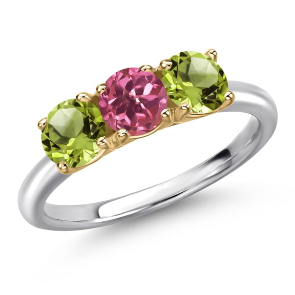 Gem Stone King 925 Silver and 10K Yellow Gold Pink Tourmaline and Green Peridot Engagement Ring for Women | 1.62 Cttw | Round 5MM | Gemstone October Birthstone | Size 5