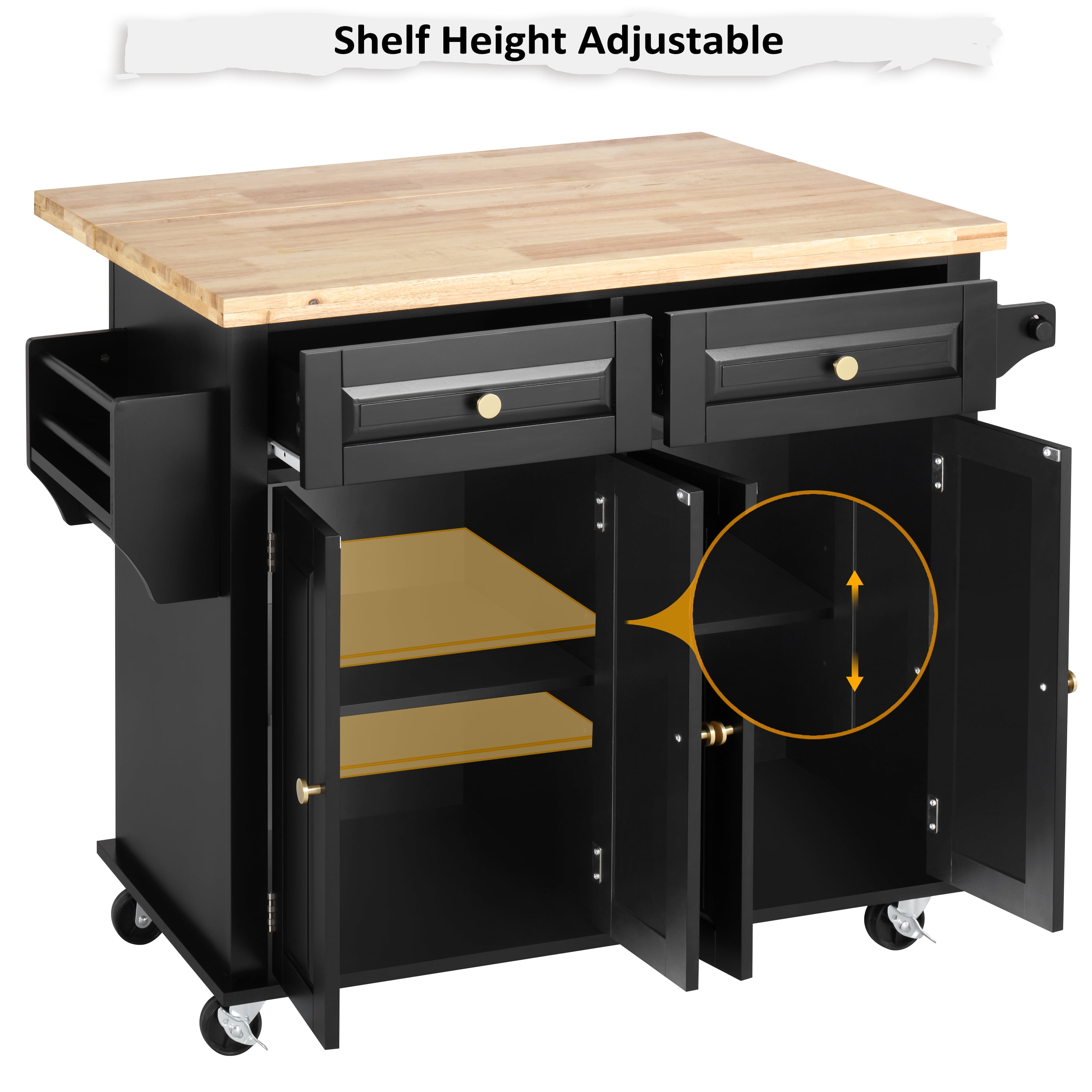 Finnhomy Rolling Kitchen Island with Drop Leaf, Thicken Rubberwood Top, Portable Mobile Carts Table, Kitchen Serving and Storage Cart