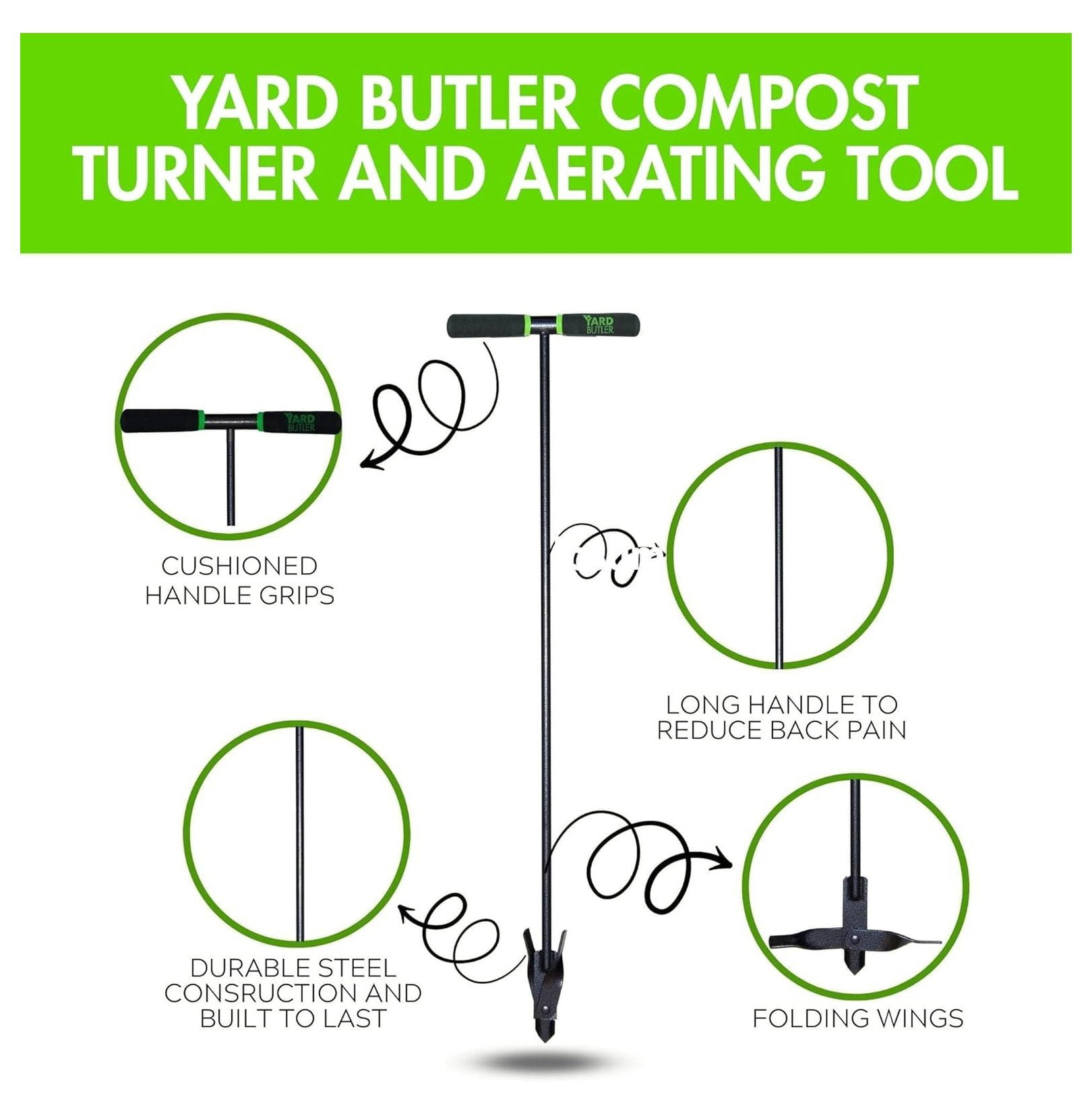 ICA-36 Compost Aerator - Lawn Care Tool for Aerating - Long-Handled - Power-Coated Steel Construction - Comfortable Cushioned Handles Garden Tool - Easy to Use