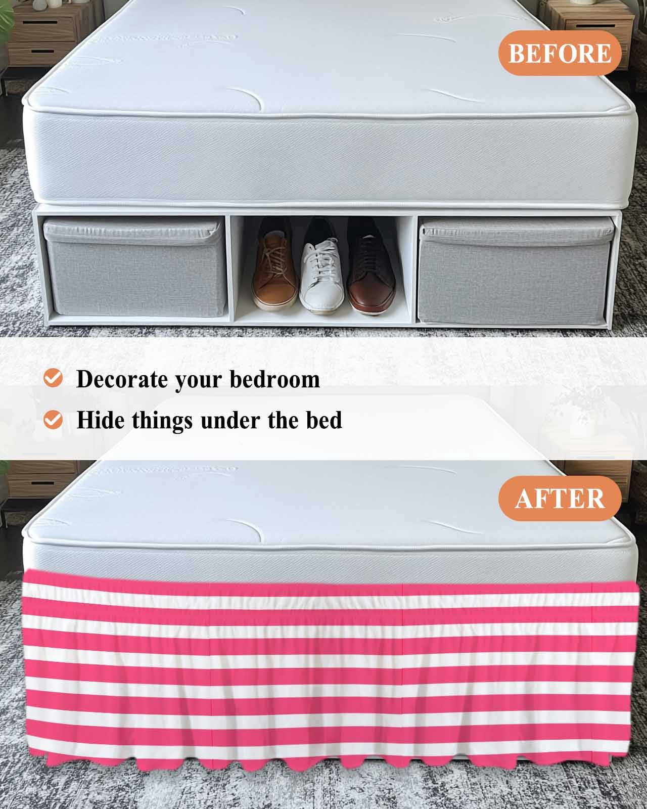 Pink Striped Wrap Around Bed Skirts for King Bed 18" Drop,Bed Skirt with Adjustable Elastic Belt Dust Ruffle Bed Valance for Bedroom Hotel Modern Simple Monochrome Geometric White Bed Frame Cover