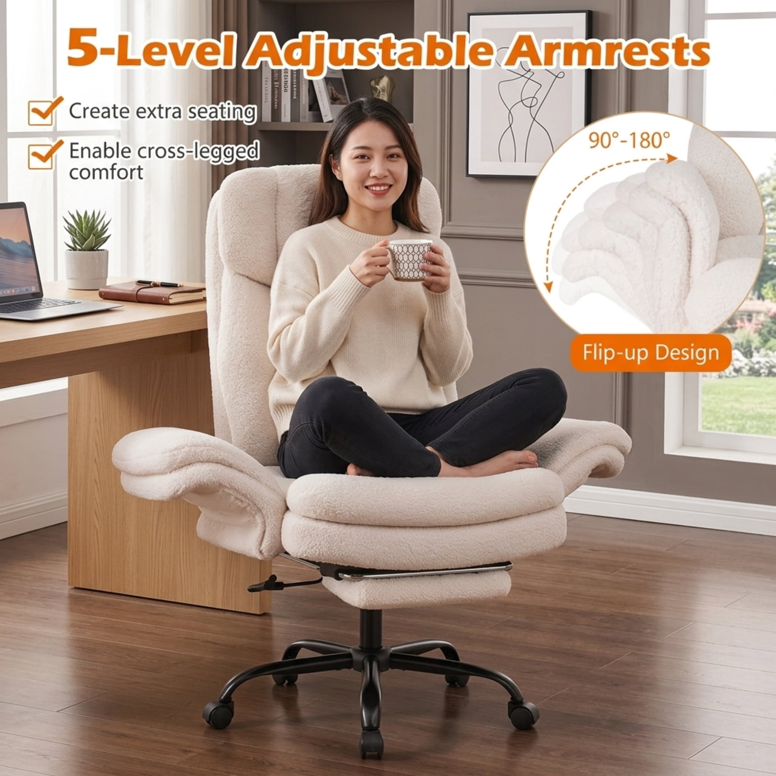 Furnibear Big and Tall Executive Office Chair 500 lbs Ergonomic Cross Legged Computer Chair with Retractable Footrest and Flip Up Arms, White