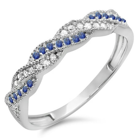 Sapphire Wedding Band - Dazzlingrock Collection 10K Round White Diamond & Blue Sapphire Ladies Anniversary Wedding Band Swirl Ring, White Gold, Size 8