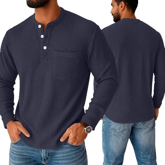 Men's Henley Shirts Long Sleeve Basic Waffle Knit Pullover T-Shirt with Pocket