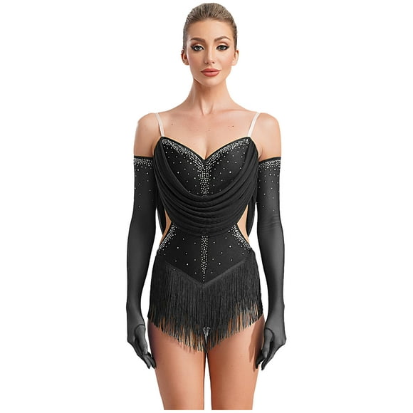 Sxiwei Women's Glittery Rhinestones Cutout Fringed Bodysuit with Gloves Latin Jazz Dancewear Black XL