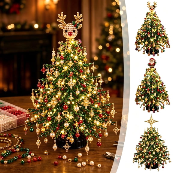 Clearance DIY Beaded Christmas Tree Kit, Beads for Crafts DIY Christmas Tree Kit, Handmade Mini Christmas Beading Kits with Lights