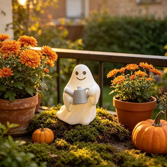 Gqtwoy Cute Ghost Figurine with Watering Can, Halloween Desktop Ornament, Mini Landscapes Table Statue, Indoor Home Party Decor, Shelf Mantel Holiday Display, Gift for Fall Events