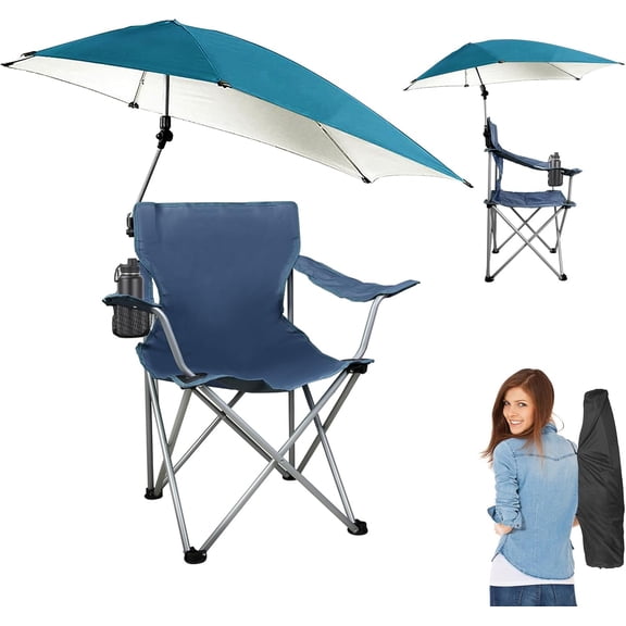 Imountek Heavy Duty Beach Chair with Detachable Adjustable Umbrella, Portable Folding Camping Chair with Cup Holder, Blue