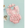 thumbnail image 3 of Newborn Girl Romper Outfits, Fly Sleeve Flower Pattern Elastic Waist Bodysuit + Cute Bow-Knot Headband Set, 3 of 9