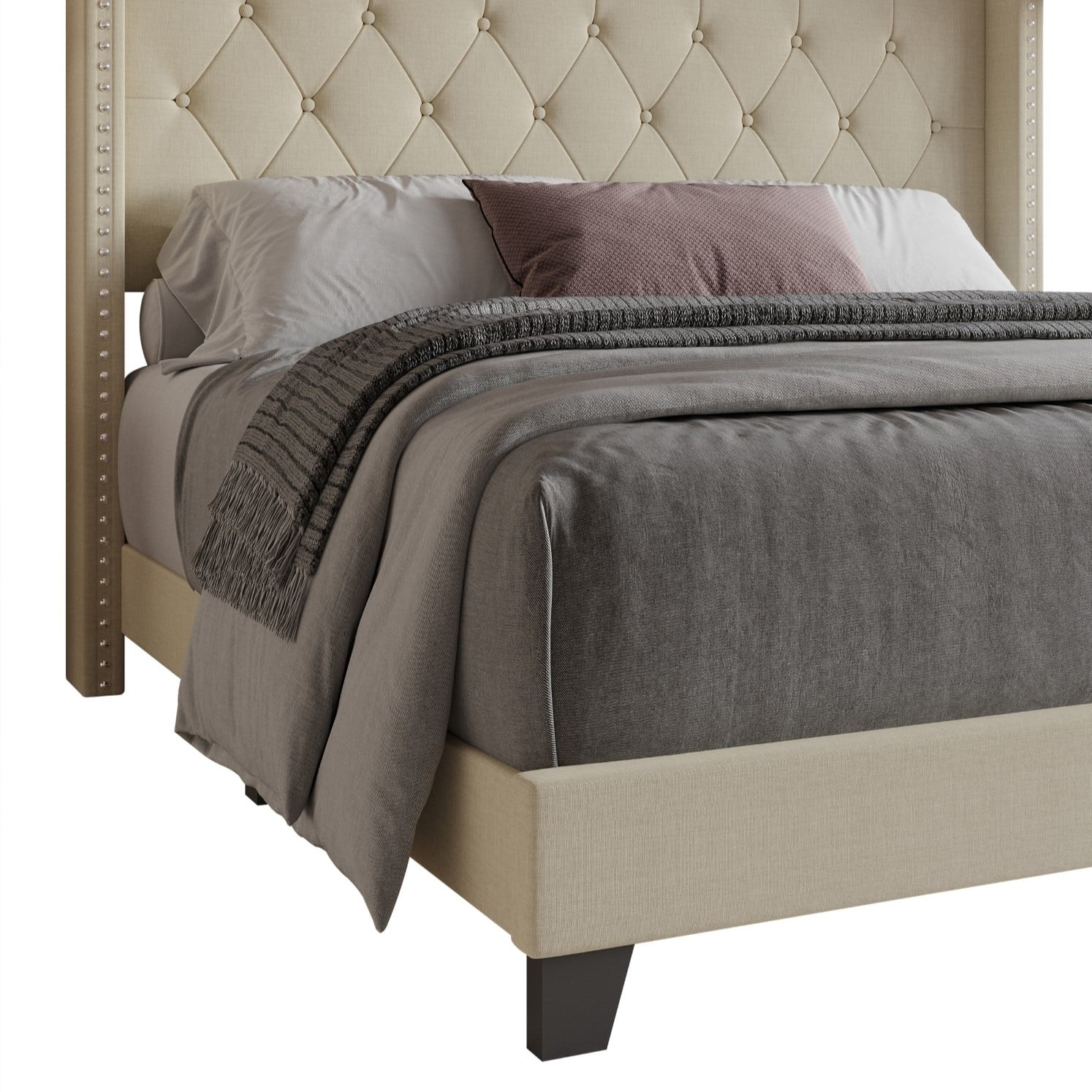 Home Design Homer King Button-Tufted Wingback Upholstered Panel Bed Frame with Nailhead Trim design for Adult, Beige, Easy Assembly