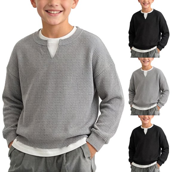 Bixock Toddler Boys Sweatshirts Long Sleeve Tops Crew Neck Solid Color Fake 2-Piece Layering Top Casual Sweatshirt Warm Soft Breathable Daily Wear Boys Clothings