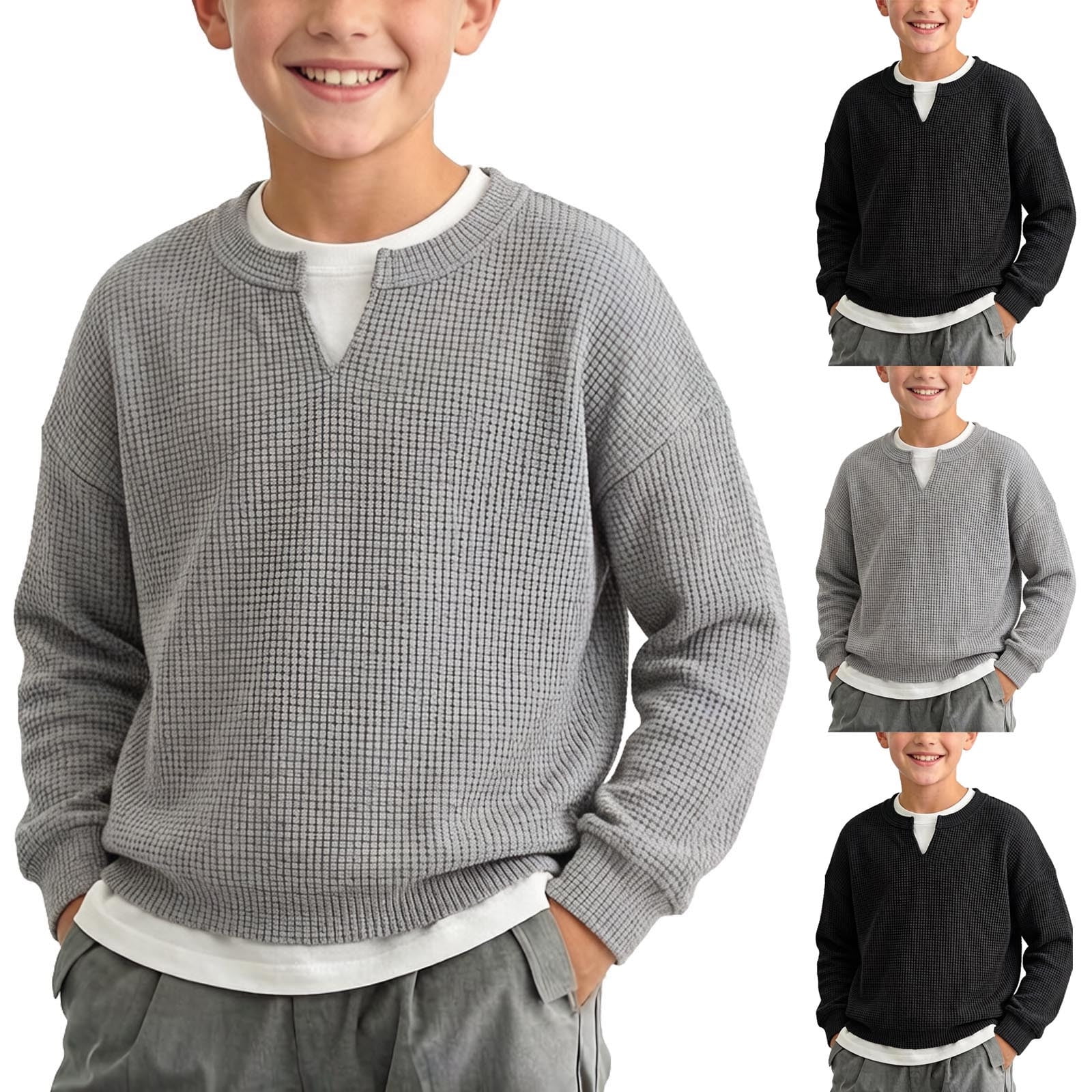WAVSUF Boys Long Sleeve Tee Skinny Fit Soft Comfort Henley Neck Fall Base Blouse Gray 7-8