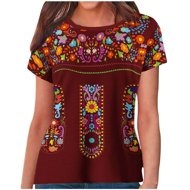 Birdeem Blouses pour Femmes Style Ethnique Rétro Imprimé Manches Courtes Col Rond