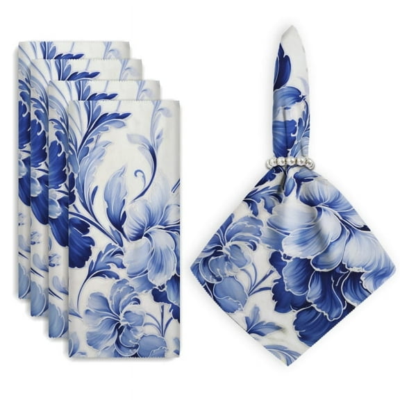 Bahomeck Cloth Napkins Set Of 4,18*18 Inch Washable Polyester Napkins Dining Table Napkins Weddings Party Dinner Parties(Blue And White Porcelain-Style Floral Pattern )