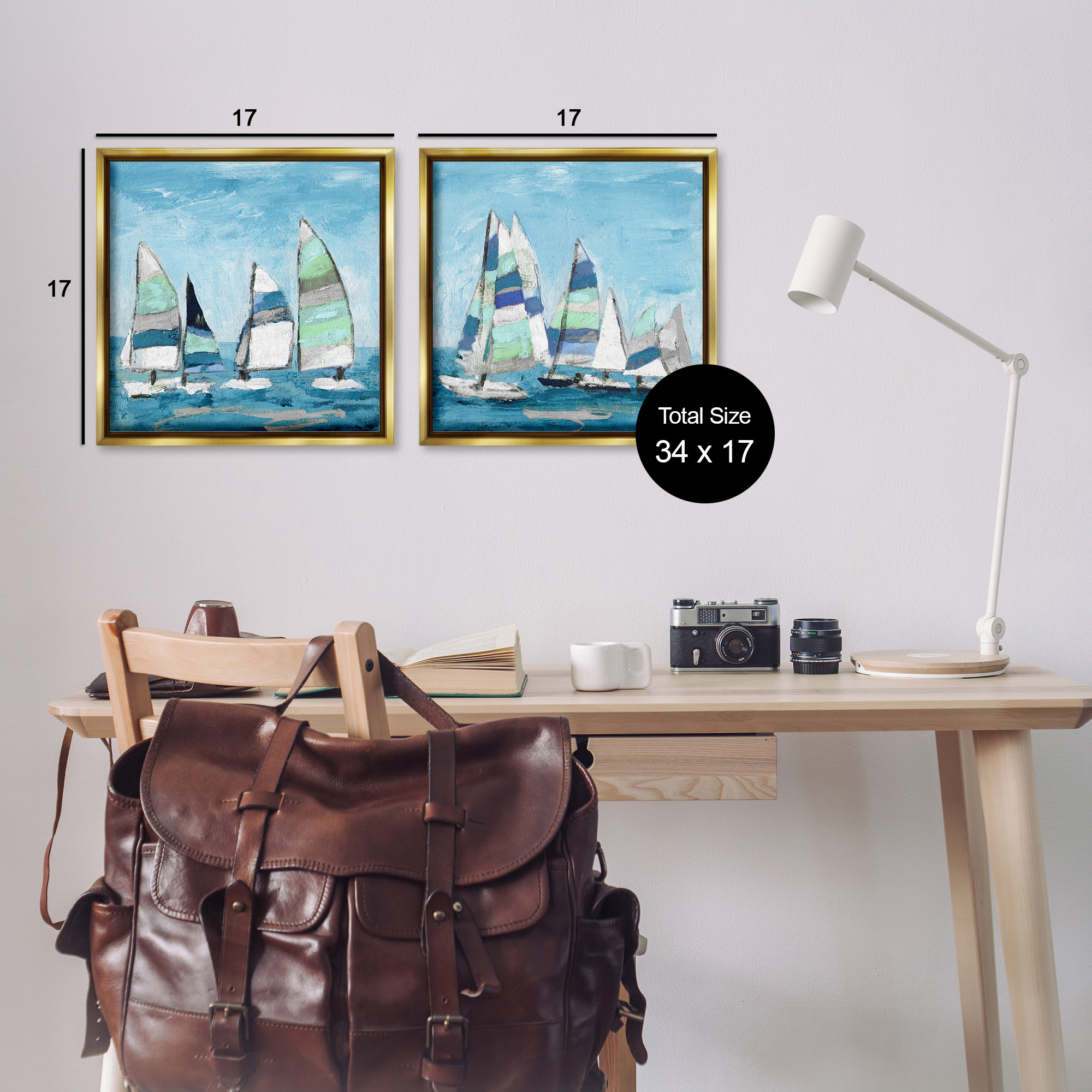 Stupell Industries Soothing Sailboats Drifting Marina Nature Painting Gold Floater Framed Canvas Art Print Wall Art, 18 x 18, Set of 2