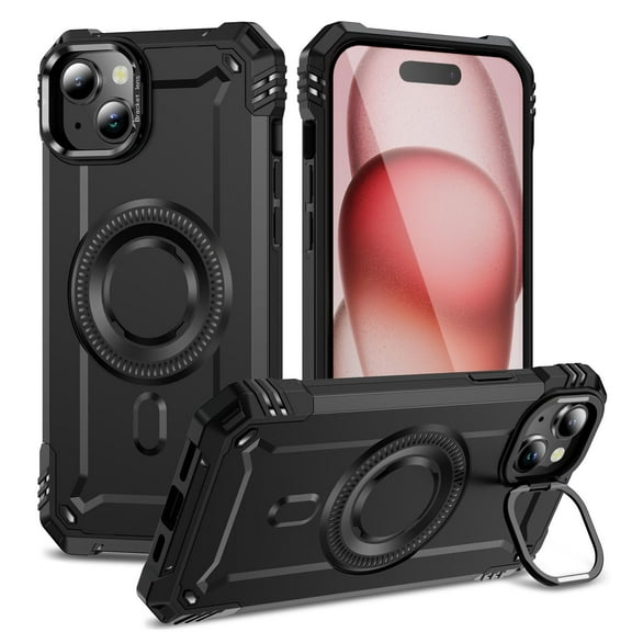 for iPhone 15 Case Magnetic with Camera Ring Kickstand, Slim Shockproof Military Protecive Wireless Charging Phone Cover Case Compatible with iPhone 15, Black