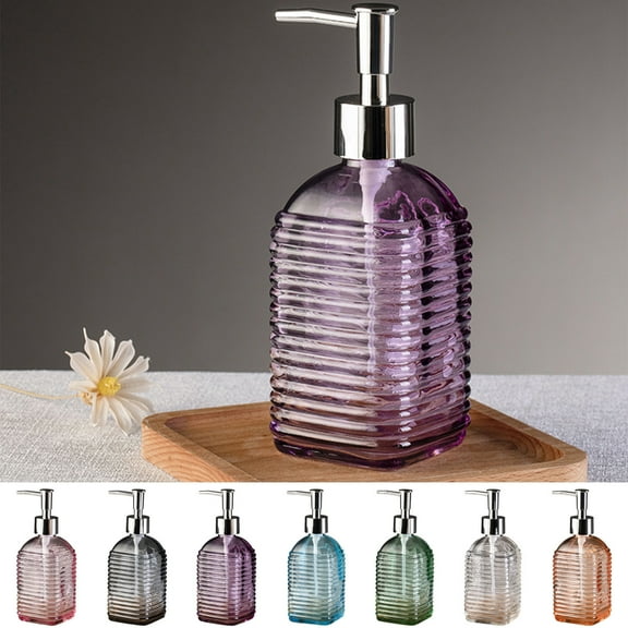 Glass Soap Dispenser Bottle | Horizontal Stripe Patterned Colored Glass | 350ml Refillable Pump | For Shampoo Body Wash Hand Soap | Clear Purple Gray Blue Pink Orange Green | 1 Piece