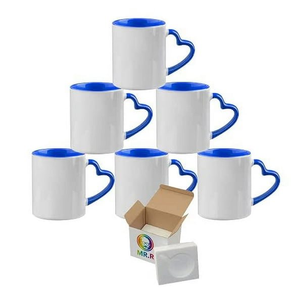 MR.R 11oz Set of 6 Sublimation Blank Dishwasher Ceramic Mug,Blank Coated Cup,Sublimation Blank Mugs,Classic Cup with Blue Color Inner Mug and Heart Handle