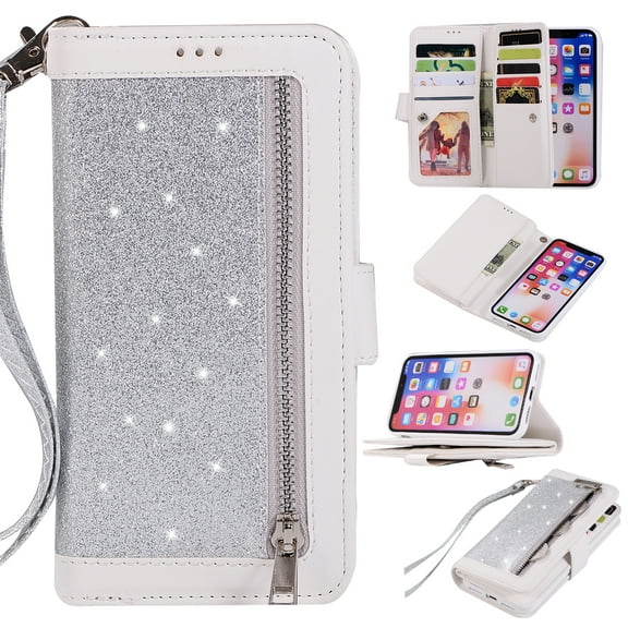 Zipper Wallet Case for iPhone Xs iPhone X 5.8-inch, Allytech Bling Glitter Leather Case with 9 Credit Card Holder Flip Magnetic Closure Stand Cover with Cash Pocket and Hand Strap, Silver