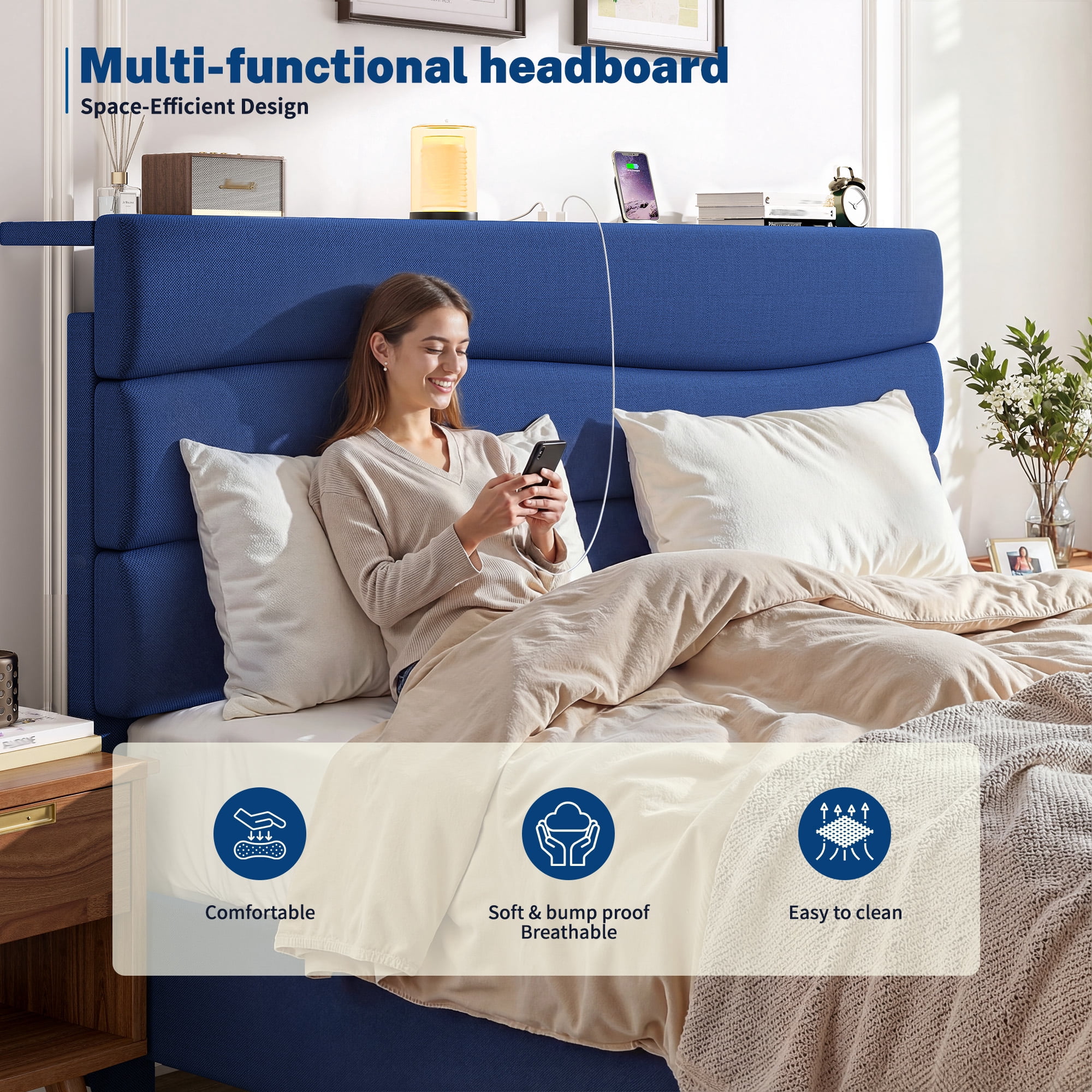 EnHomee Upholstered Bed Frame with Adjustable Headboard Queen Size Bed Frame with Charge Station & Storage, Navy Blue, No Box Spring Needed, Noise Free