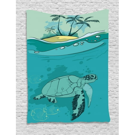Ocean Tapestry Sea Turtle Swimming Coral Reef Exotic Island