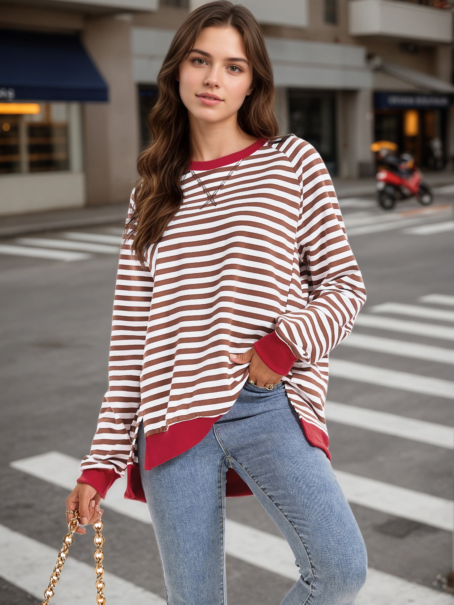 Unique Bargains Women's Striped Oversized Crewneck Pullover Tops S Coffee White
