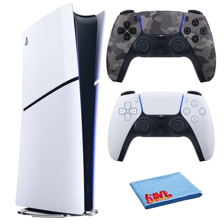 PlayStation 5 Slim, PS5 Console Digital Edition for Video Game, Built-in 1TB SSD Storage Bundle with Extra Sony PS-5 DualSense Wireless Play Station Controller - Grey Camo and Accessories