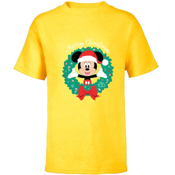 Disney 100 Mickey Mouse Merry Christmas Wreath Holiday D100 - Short Sleeve T-Shirt for Kids - Customized-Yellow