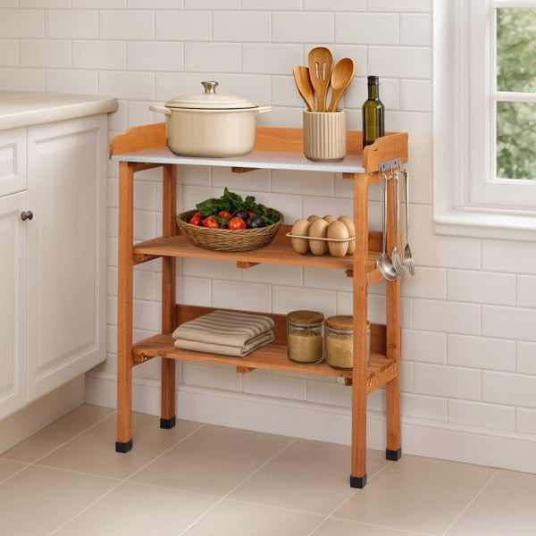 Outdoor Garden Potting Bench Table, Wooden Horticulture Planting Worstation with Metal Tabletop, 2 Storage Shelves, 3 Hooks, Natural Wood