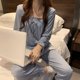 thumbnail image 1 of Conjunto de pijama con cuello cuadrado para mujer, traje de 2 piezas de pantalones largos con cordón, ropa de dormir de manga larga de estilo coreano, ropa de noche de otoño, 1 of 4