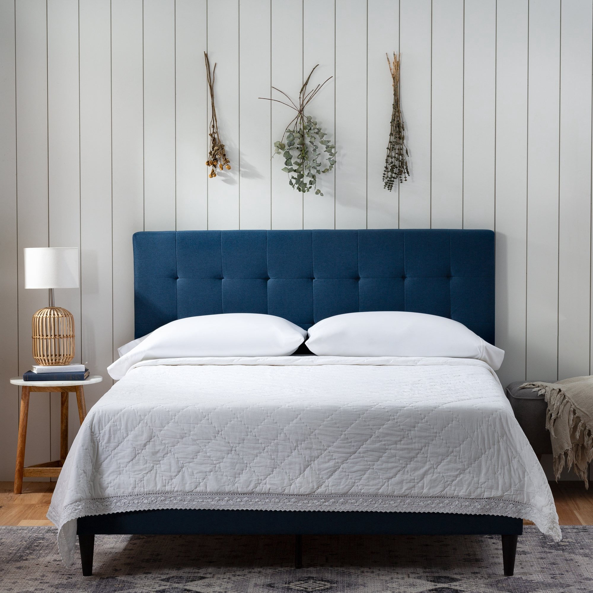Rest Haven Ells Square Tufted Upholstered Bed, King, Navy