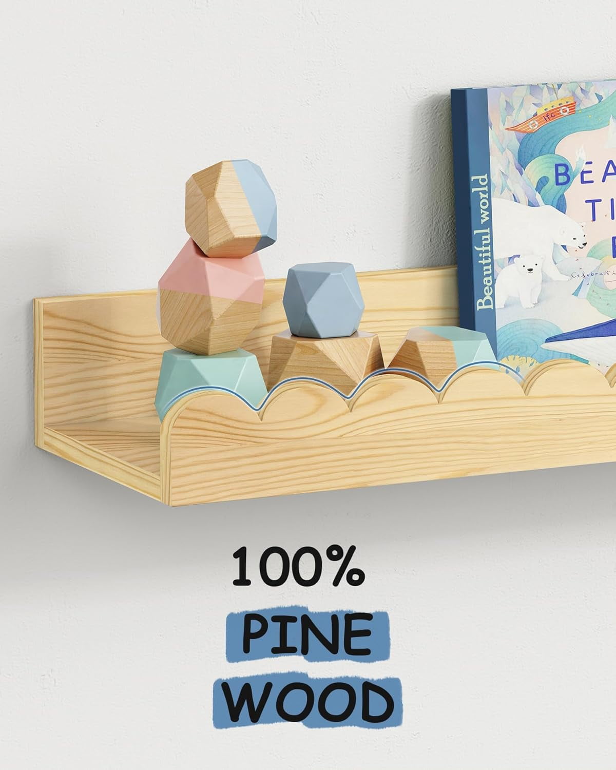 Scalloped Nursery Bookshelf Wall Mounted 4-Pack, Natural Wood Floating Book Shelves for Wall, Cloud Wall Mount Bookshelves for Kids Bedroom, Baby Children Toddler Room (Natural Pine Wood)
