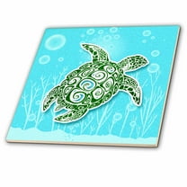 3dRose, Stylized Green Sea Turtle in Turquoise Blue Water Scrapbook Style, 12 Inch Ceramic Tile