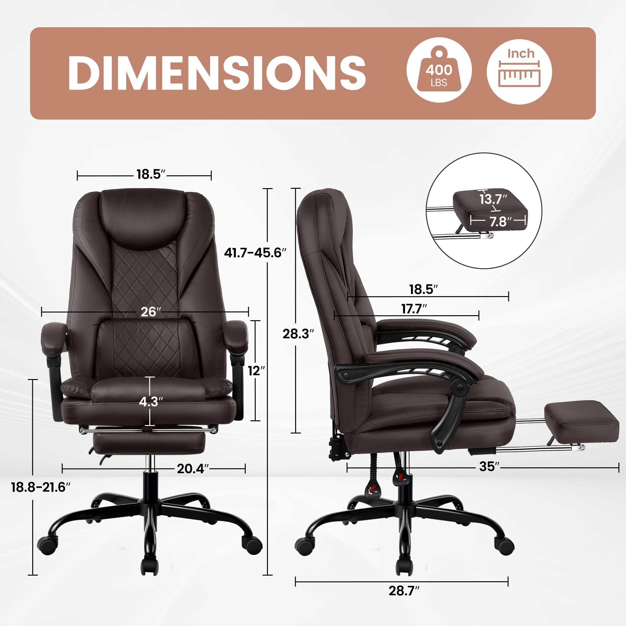 COOLHUT Executive Office Chair, Big and Tall Office Chair with Footrest Reclining Faux Leather Chair High Back Lumbar Support Ergonomic Office Chair with Padded Armrests, Coffee