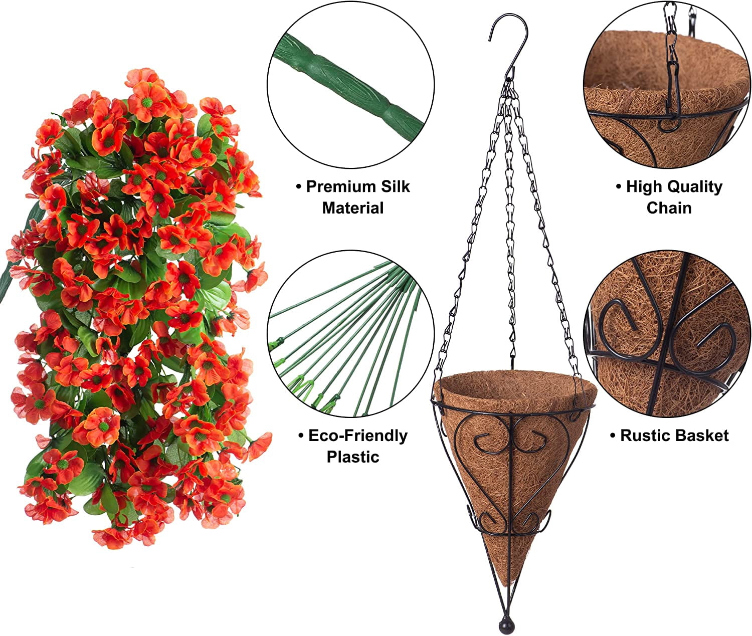 Artificial Hanging Flowers in 12 inch Basket, Fake Plant Silk Orchid Flower Arrangement with Coconut Lining Pot Planter for Patio Garden Porch Deck Spring Decoration(Rose and Pink)