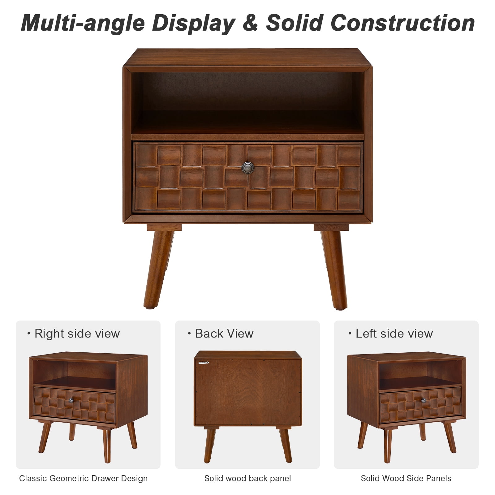 22-Inch Mid-Century Nightstand with Carved Geometric Drawer and Open Shelf, Wood Bedside Table and End Table for Small Spaces, Walnut