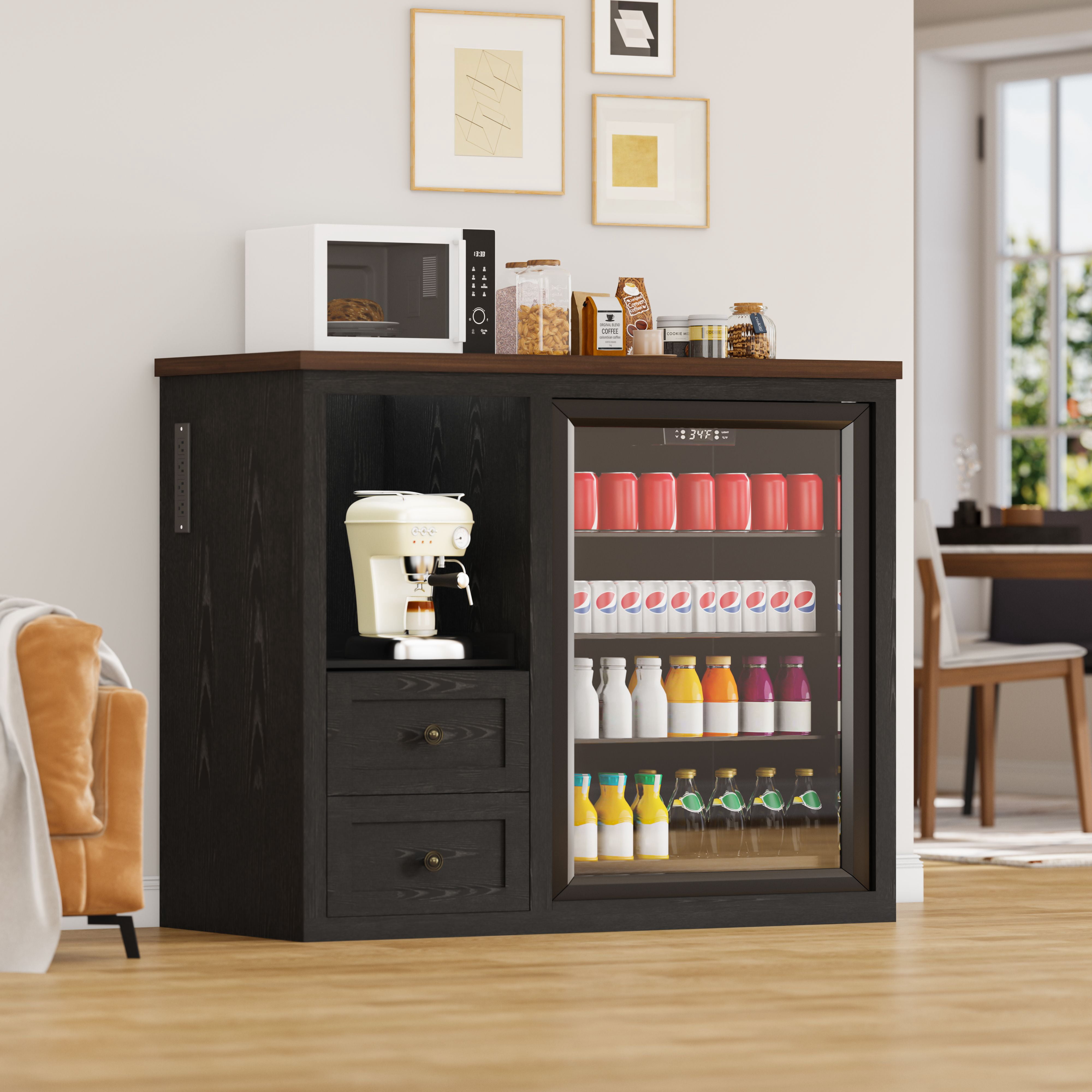JassmiPkwy Mini Fridge Stand with Built-in Storage, Coffee Bar Cabinet with 2 Drawers & Power Outlet, for Coffee Maker, Microwave, Black