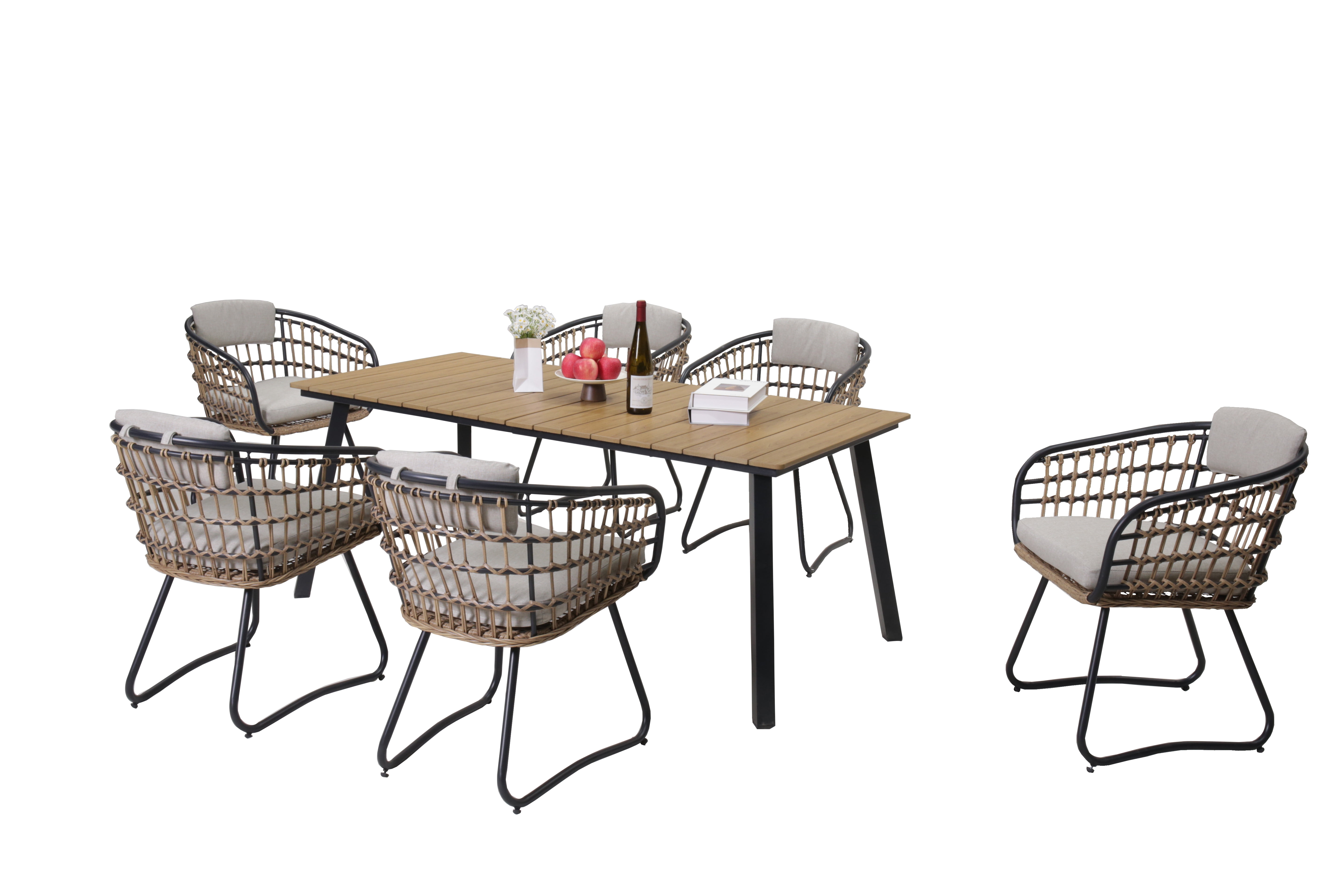 7-Piece Outdoor Wicker Dining Set with Acacia Wood Table, Patio Dining Furniture Set with 6 Rattan Chairs & Cushions for Garden, Deck, Backyard, Yellow