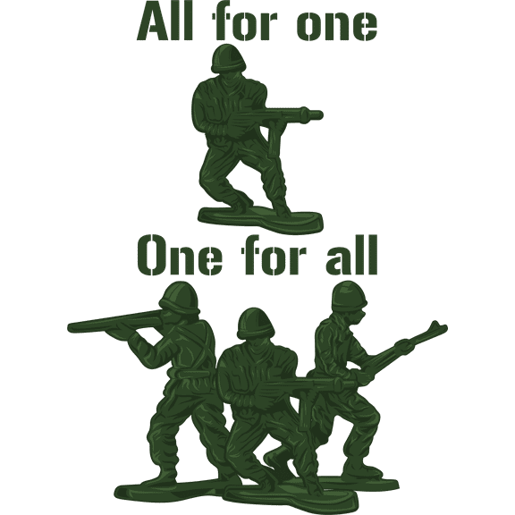 All for One One For All Famous Quote with Green Toy Soldier and Guns Ready for War Creative Design Vinyl Wall Decal - Foot Army Play Things for Kid's Bedroom and Playroom Wall Decoration 20" x 27"