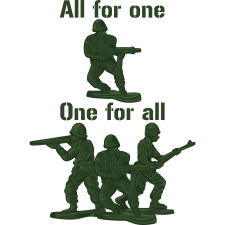 All for One One For All Famous Quote with Green Toy Soldier and Guns Ready for War Creative Design Vinyl Wall Decal - Foot Army Play Things for Kid's Bedroom and Playroom Wall Decoration 20" x 27"